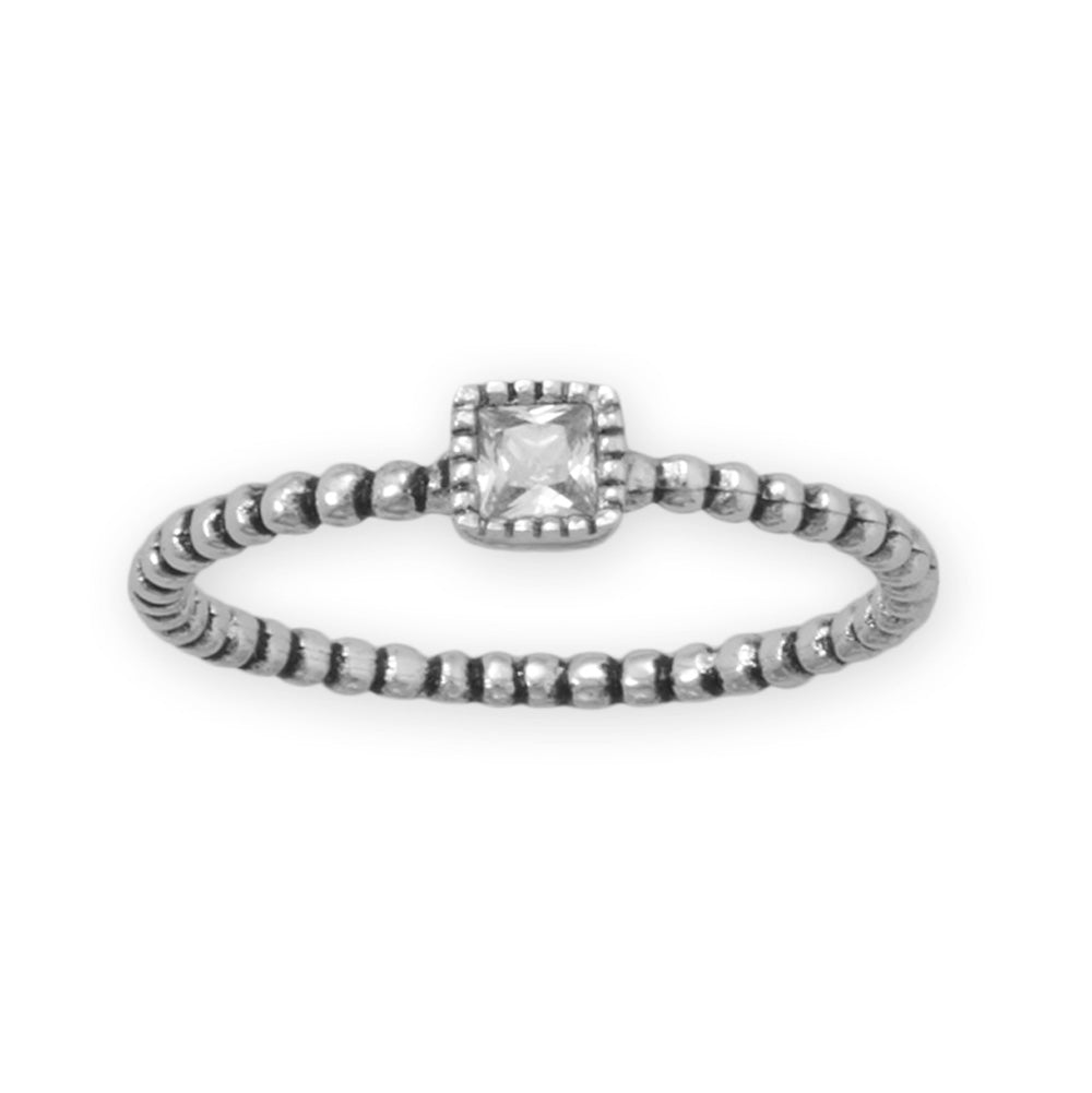 Rhodium Plated Oxidized Square CZ and Beaded Band Ring