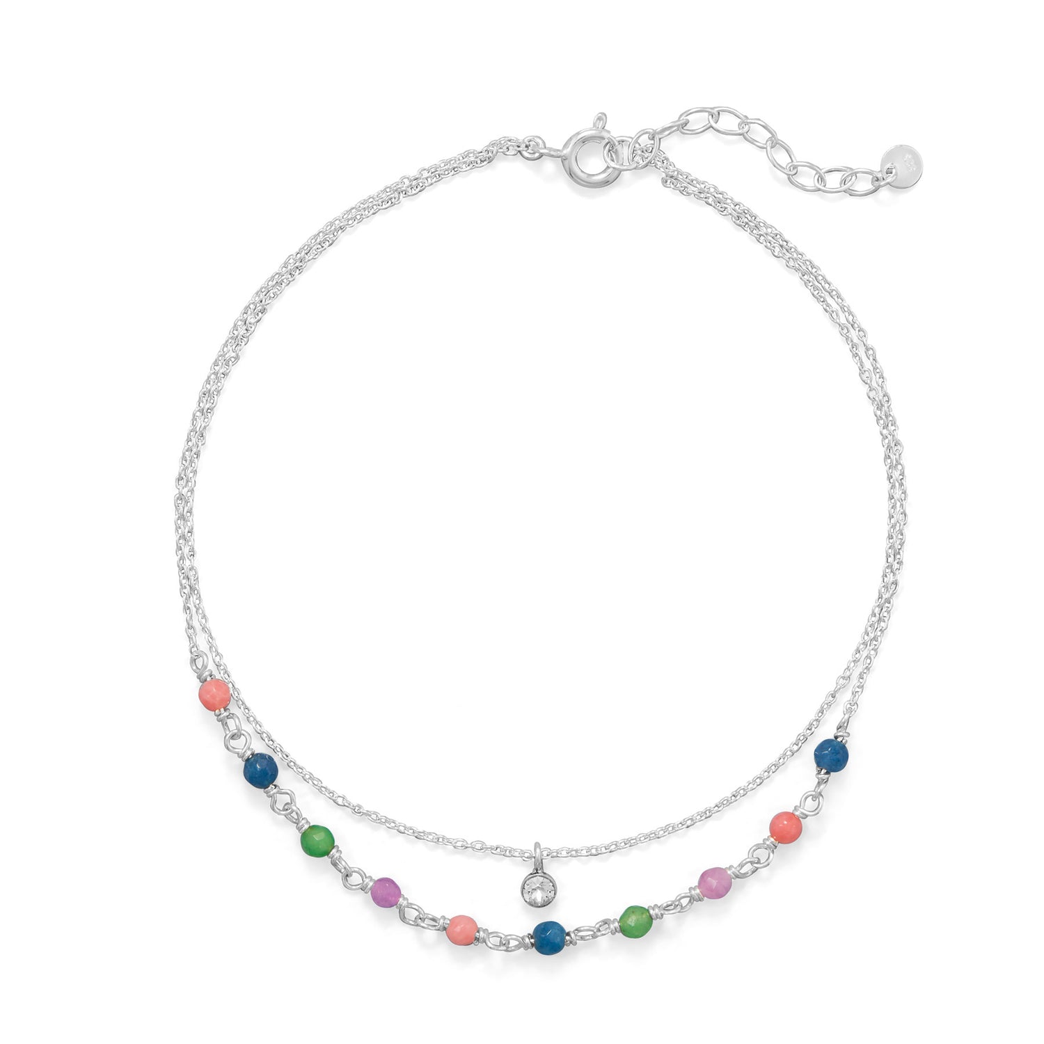 9" + 1" Multicolor Jade and CZ Double Strand Anklet