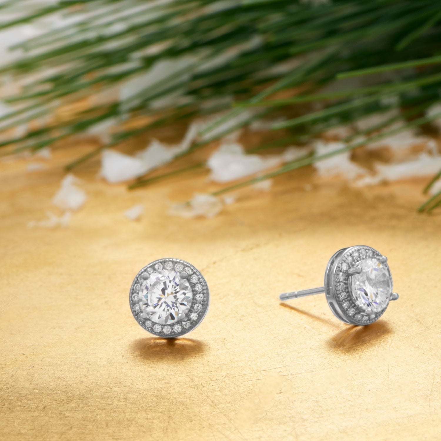 Rhodium Plated Elegant 6.5mm CZ Halo Studs