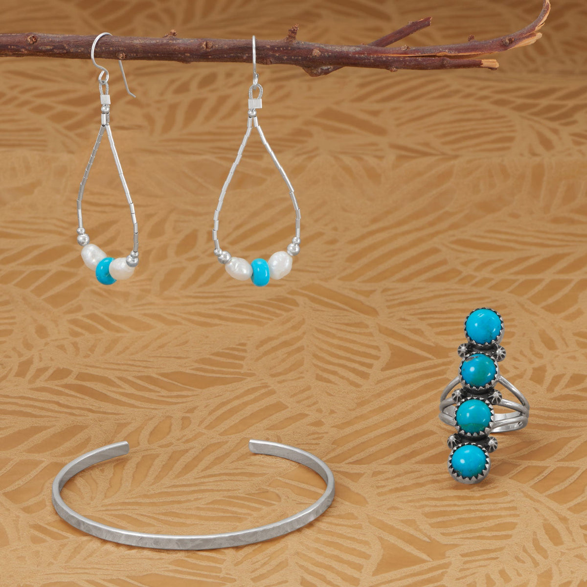 Cultured Freshwater Pearl and Turquoise Liquid Silver Pear Outline Earrings