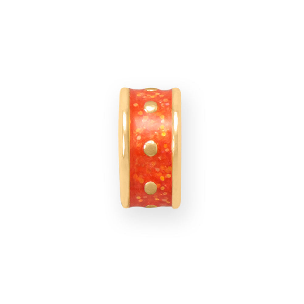 14 Karat Gold Plated Orange Glitter Enamel Inlay Dotted Wheel Bead Charm