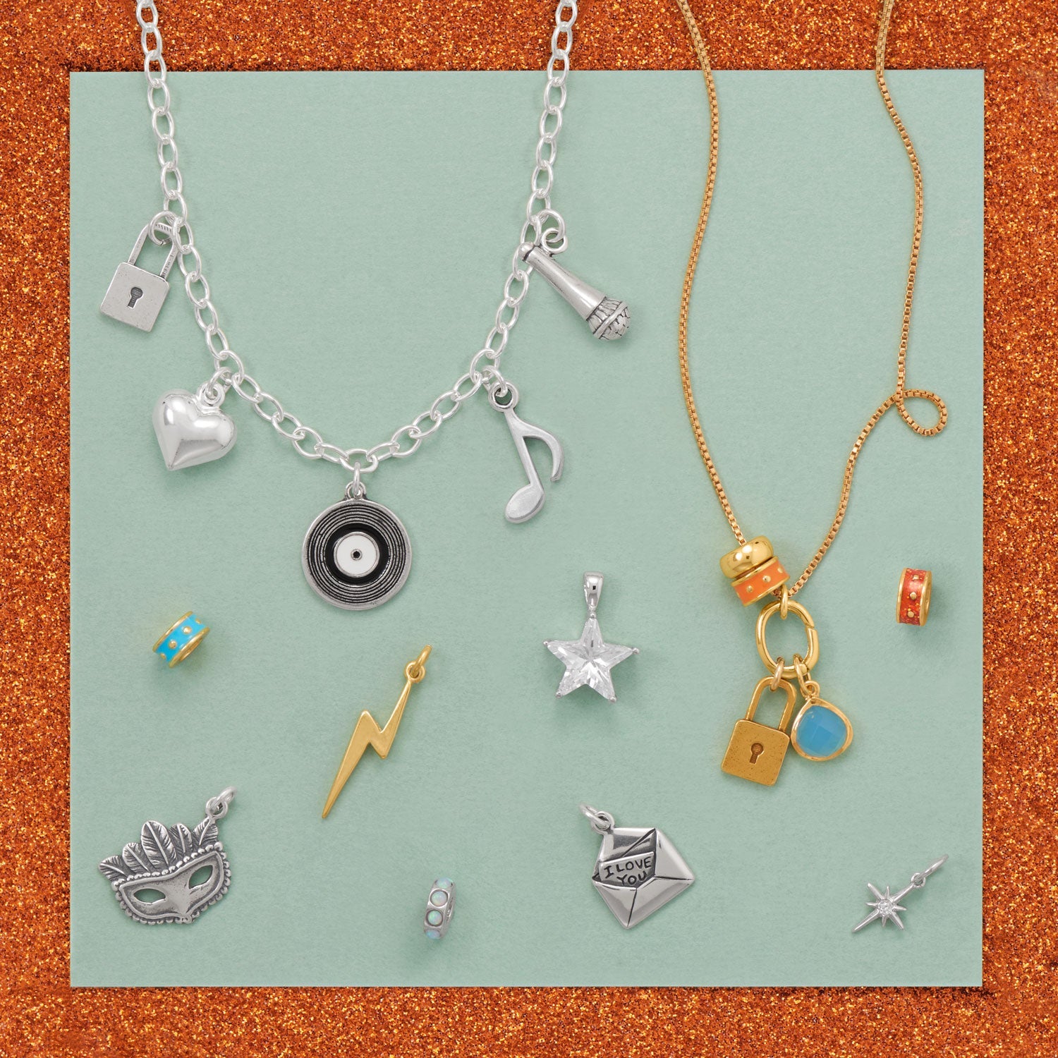 14 Karat Gold Plated Orange Glitter Enamel Inlay Dotted Wheel Bead Charm