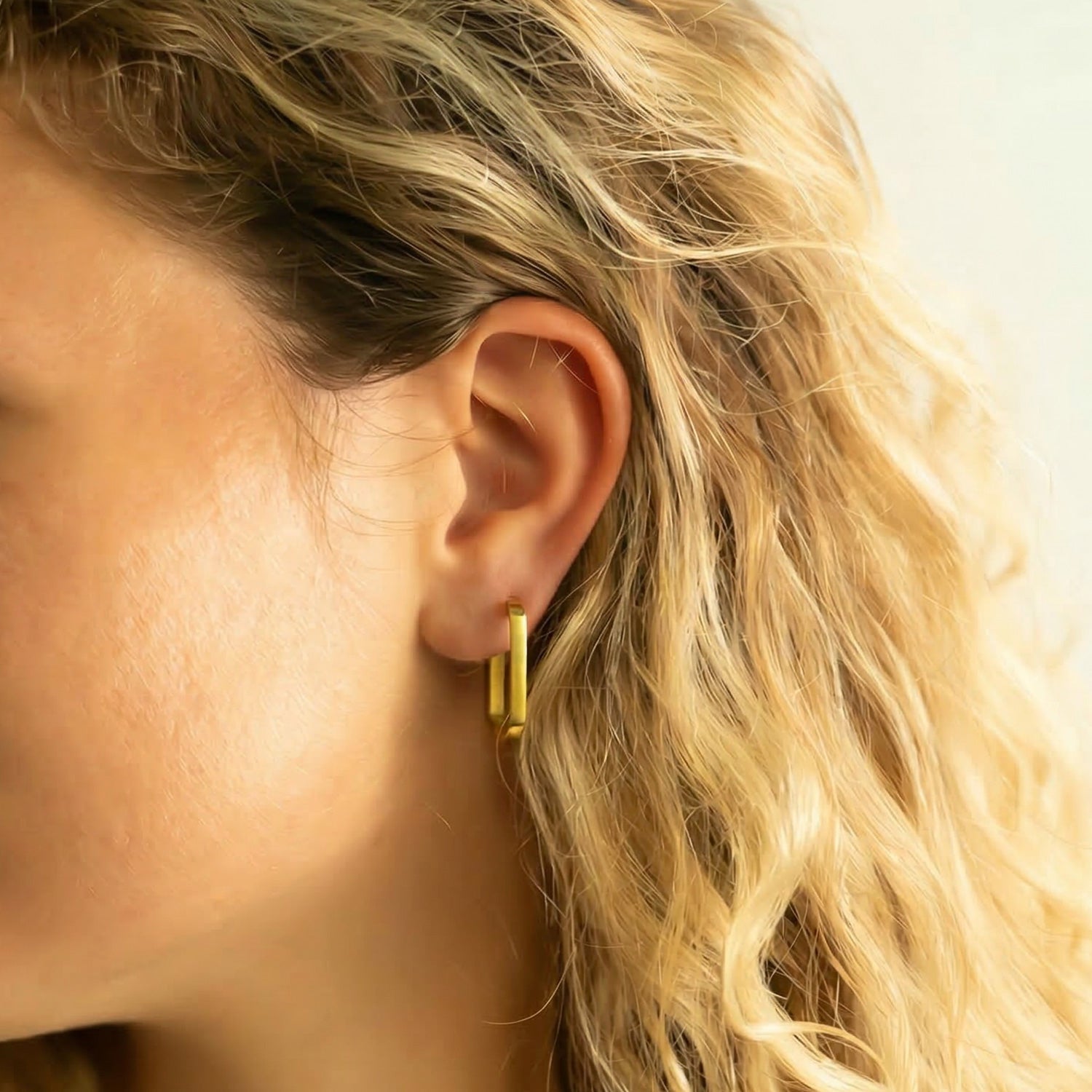 18 Karat Gold PVD Stainless Steel Oval Square Tube Hoop Earrings