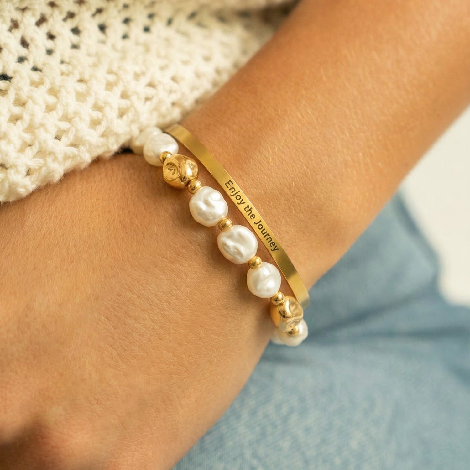 18 Karat Gold PVD Stainless Steel "Enjoy the Journey" Cuff Bracelet