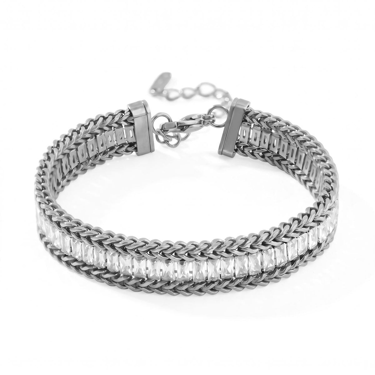 6" + 2" Stainless Steel Baguette CZ Wheat Chain Bracelet