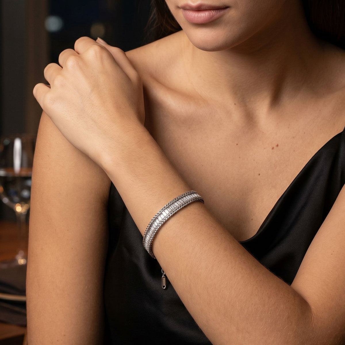 6" + 2" Stainless Steel Baguette CZ Wheat Chain Bracelet