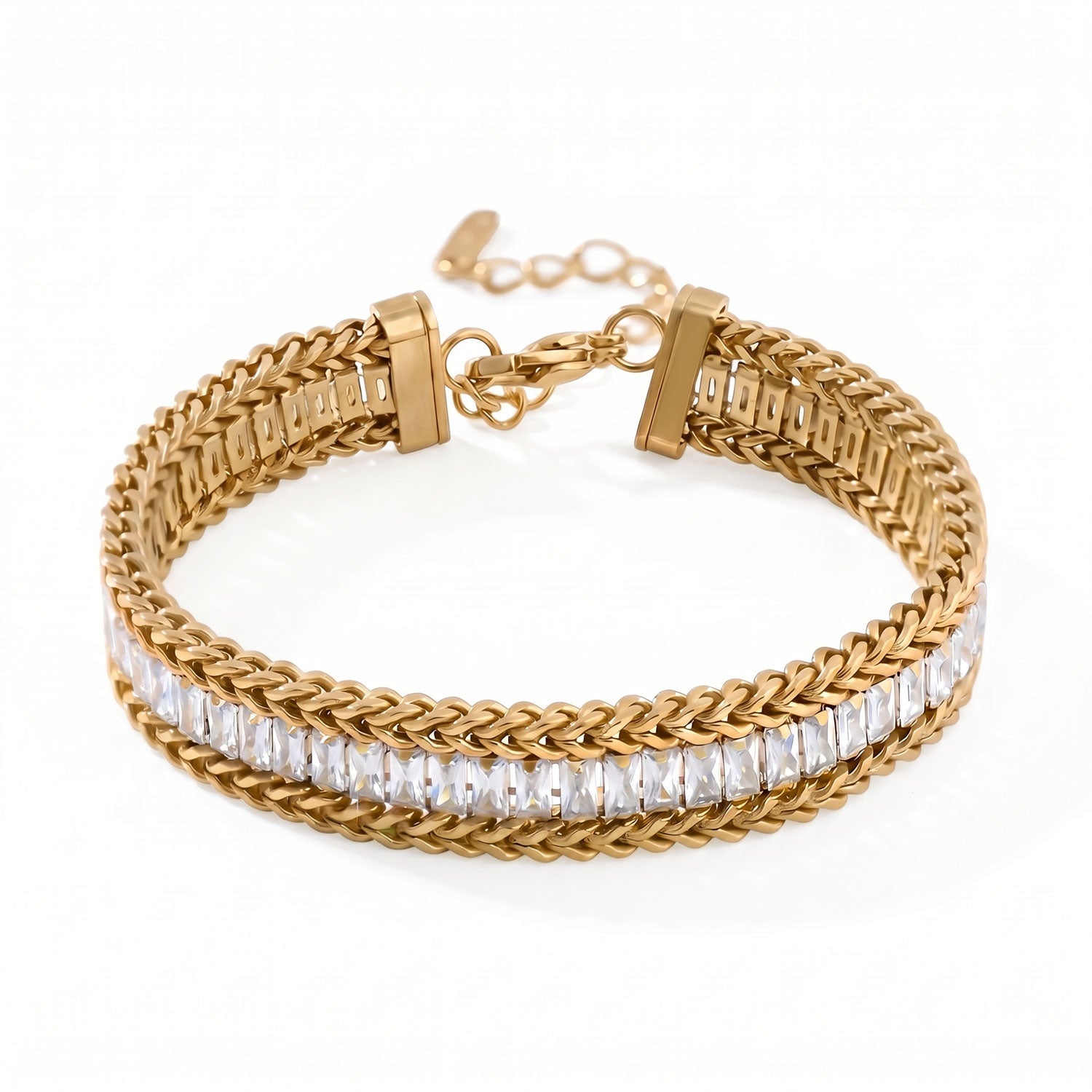6" + 2" 18 Karat Gold PVD Stainless Steel Baguette CZ Wheat Chain Bracelet