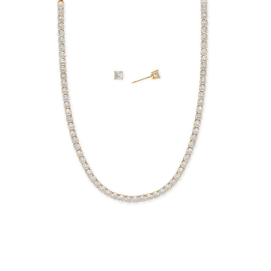 Gold Tone 4-5mm CZ Tennis Necklace and Earrings Jewelry Set