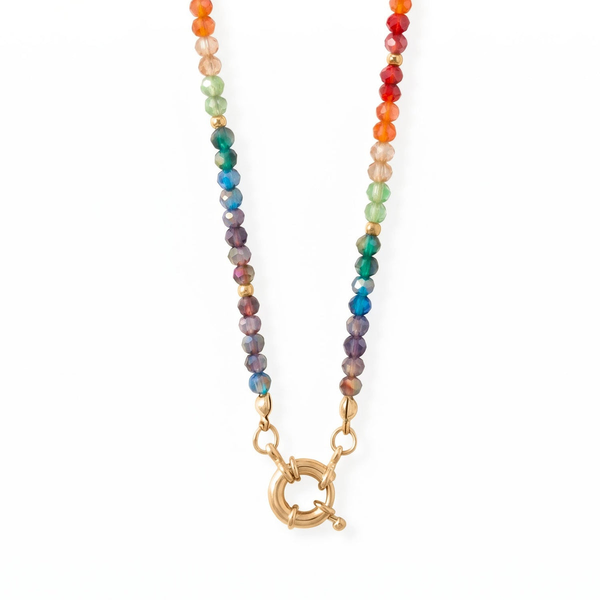 17" Gold Tone Rainbow Glass Bead Fashion Necklace