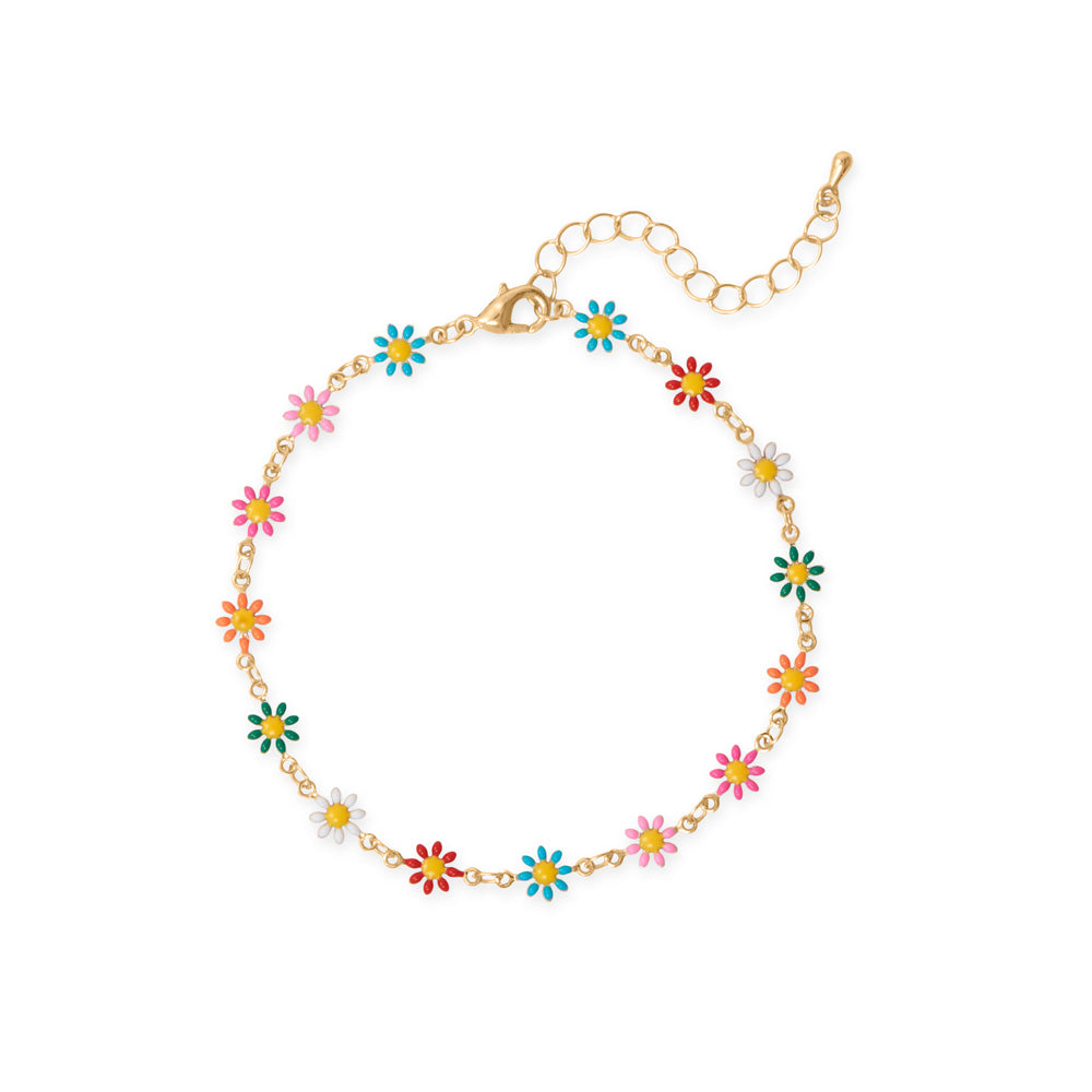 9" + 2" Gold Tone Multicolor Enamel Flower Fashion Anklet