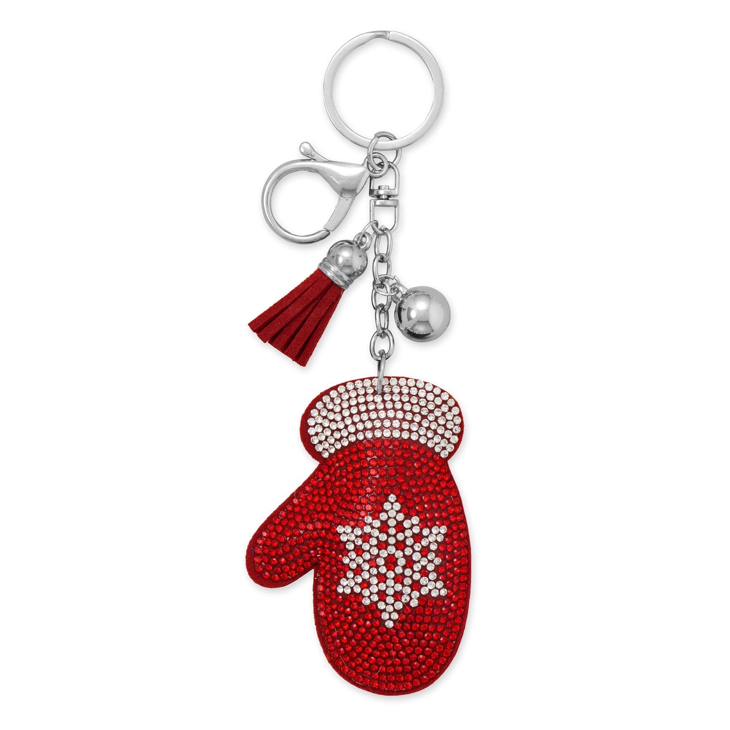 Silver Tone Red Crystal Mitten Bag Charm