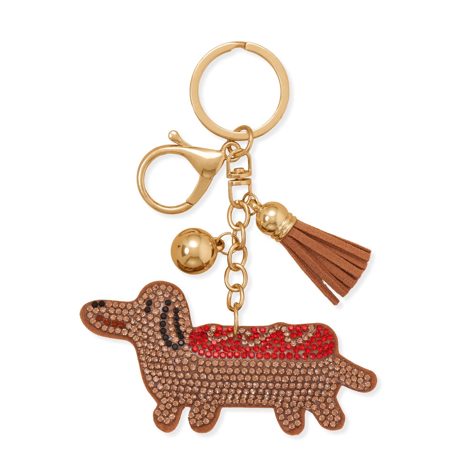 Gold Tone Brown Crystal Hot Dog Dachshund Bag Charm