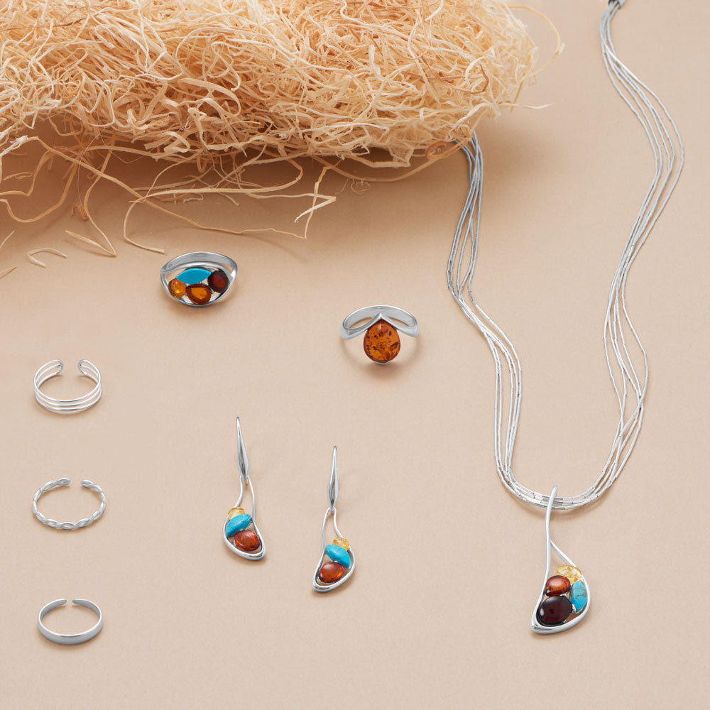 Oblong Multicolor Amber and Turquoise Lever Earrings