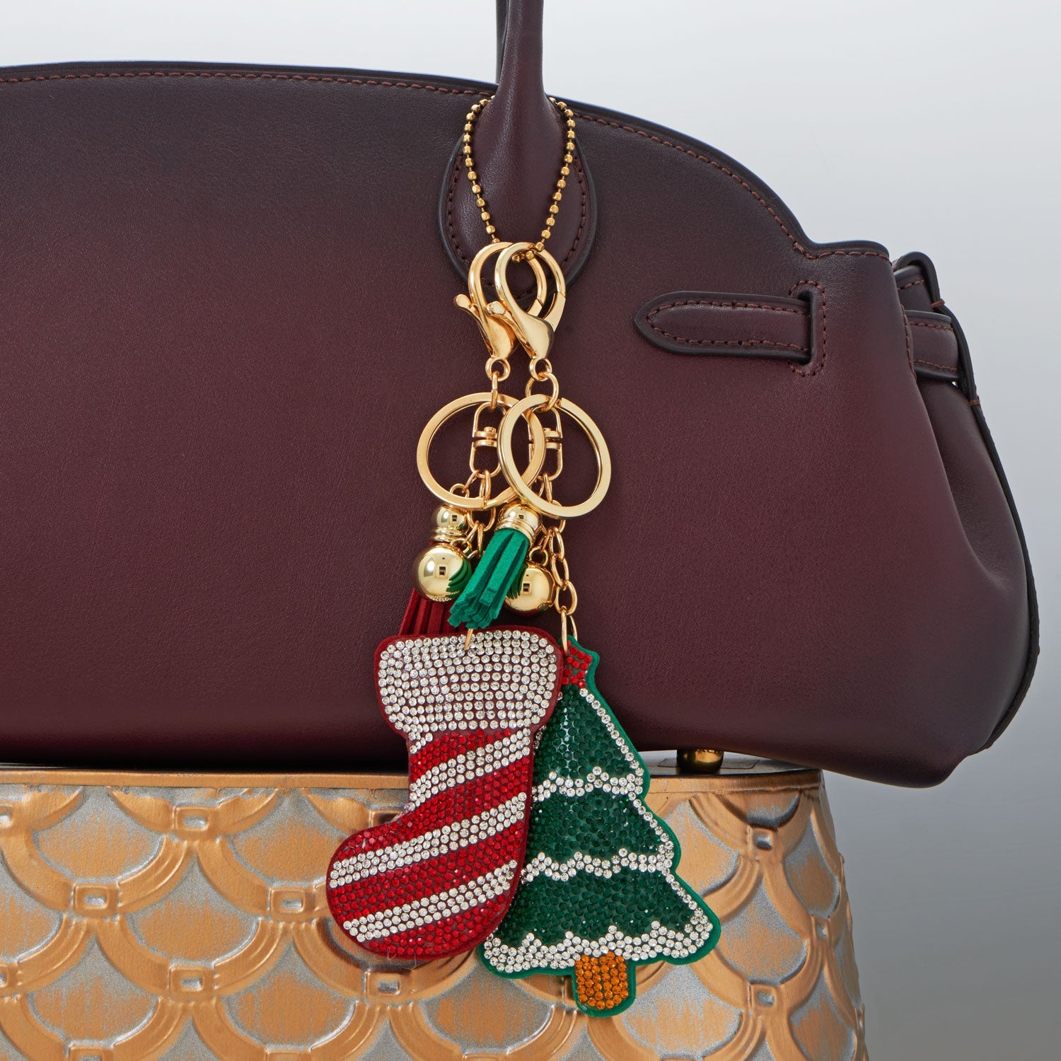Gold Tone Green Crystal Christmas Tree Bag Charm