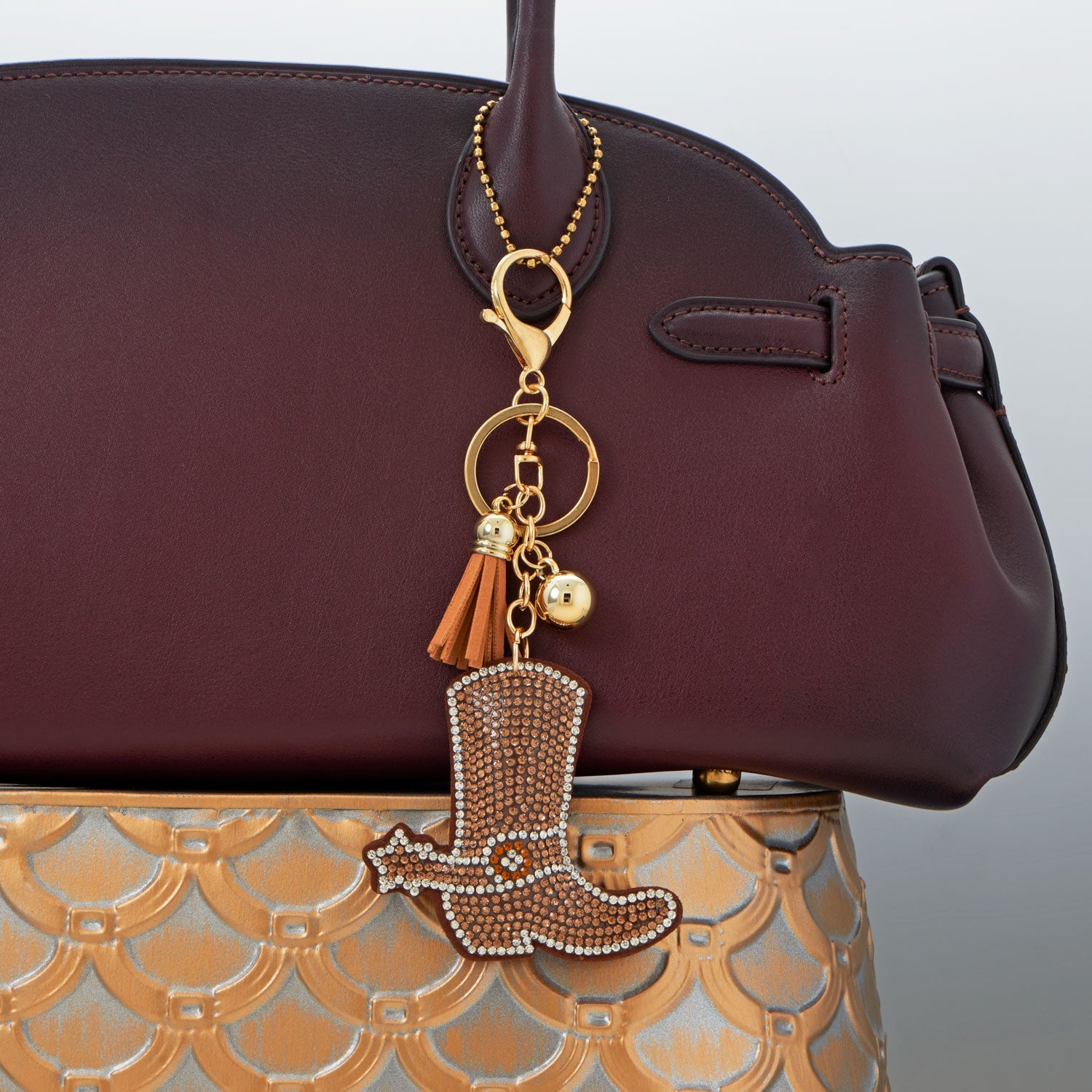 Gold Tone Crystal Cowgirl Boot Bag Charm